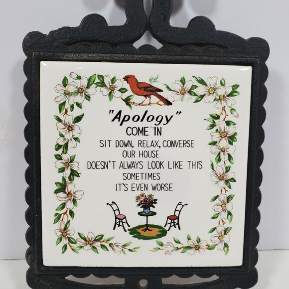 MCM Cast Metal Ceramic Tile Wall Plaque Trivet Vintage Apology Birds Flowers - Picture 2 of 14